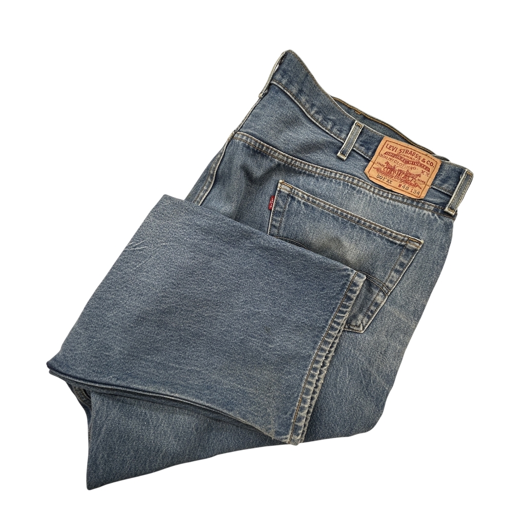 Levis 501 Jeans Mens 46x32 Button Fly Straight Leg Blue Denim Distressed 11501